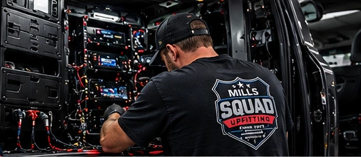 Illustrative technician working on an emergency vehicle equipment installation